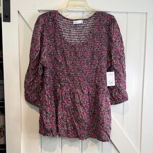 croft & barrow Fuchsia and Black Floral Smocked Peplum Top